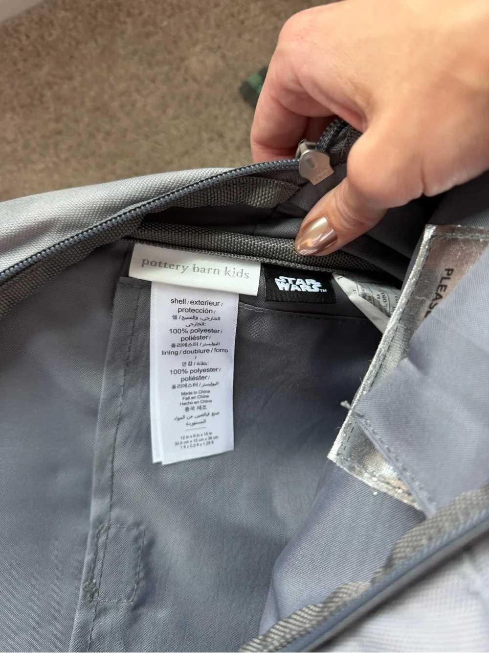 Pottery Barn Kids Gray Backpack with Green Accent Straps featuring Grogu Print